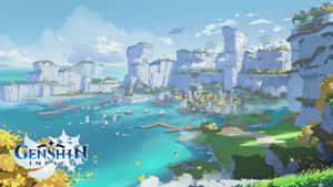 動漫遊戲場景，描繪一個擁有懸崖和船隻、色彩鮮豔的沿海小鎮。 — 原神 壁紙