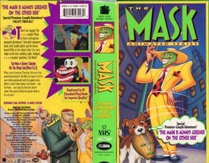 《The Mask》動畫系列VHS封面，綠色面具英雄和狗在城市場景中。 — 卡通 壁紙