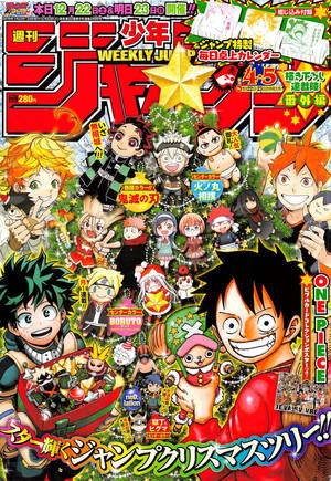 動畫角色在漫畫雜誌封面上圍繞著一棵裝飾好的樹慶祝聖誕節。 — Dr.STONE 新石紀 壁紙