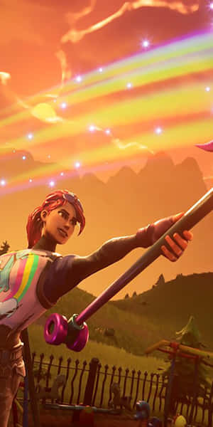 Fortnite角色在熾熱的日落和星星中手持彩虹法杖。 — 要塞英雄 大逃殺 壁紙