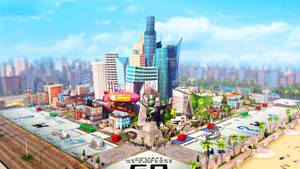 擁有大型吉祥物雕像和色彩繽紛建築的Monopoly棋盤遊戲城市。 — 地產大亨 壁紙