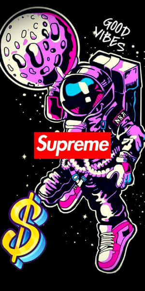 粉紅色太空人在太空中手持美元符號，帶有「Supreme」標誌和「Good Vibes」文字。 — Pixel 3 壁紙