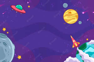 一個色彩繽紛的卡通太空場景，有火箭飛船、UFO、行星和星星。 — 太空美學動圖 壁紙