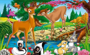 卡通動物，包括鹿和兔子，在色彩繽紛的森林溪流場景中。 — 美麗的動畫 壁紙