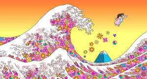 一個女孩在花浪上方飛翔，背景有山。 — 日式海浪 壁紙
