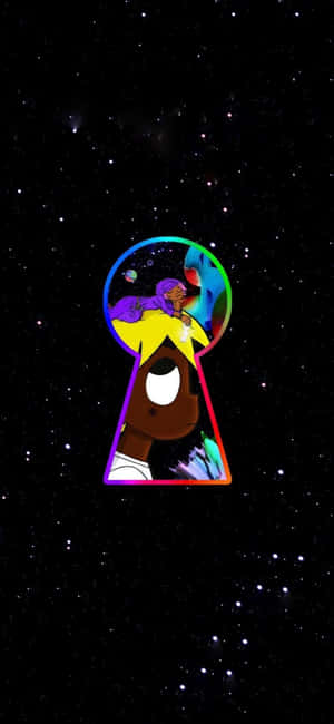 一個卡通角色透過鎖孔看向一個色彩繽紛的太空場景，其中有行星和恆星。 — 小烏茲·弗特 壁紙