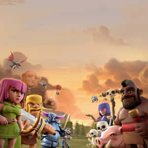 日落時分奇幻戰鬥場景中的Clash of Clans角色。 — iPad Pro M4 壁紙