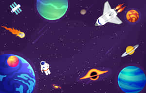 一個卡通太空人在繁星點點的太空場景中，漂浮在色彩繽紛的行星和火箭之間。 — MacBook Air M2 壁紙