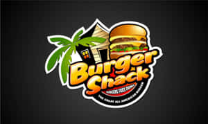 Burger Shack標誌，包含漢堡、棕櫚樹和小屋 — 標誌 壁紙