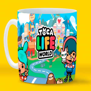 一個色彩繽紛的卡通馬克杯，帶有Toca Life World角色和城市景觀設計。 — 托卡生活 壁紙