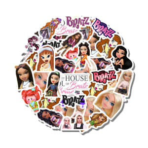 圓形排列的 Bratz 娃娃貼紙，包含各種角色和標誌。 — Bratz 美學 GIF 壁紙