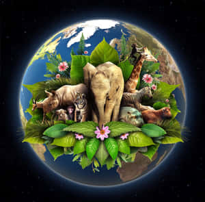 地球被熱帶植物和野生動物環繞，背景是星空。 — 世界地球日 壁紙