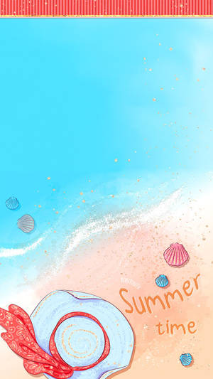 夏日海灘場景，有帽子、貝殼和閃閃發光的水。 — 可愛夏天 壁紙