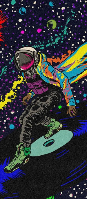 一個色彩繽紛的太空人在宇宙波浪上衝浪，穿越一個星光燦爛的星系。 — 太空 壁紙
