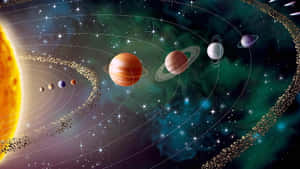 太陽系，行星在繁星點點的太空場景中圍繞著明亮的太陽運行。 — 太空美學動圖 壁紙