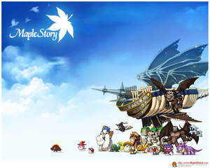 MapleStory 遊戲角色和飛船在藍天白雲下。 — 5:4 壁紙