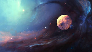 一顆發光的行星，被色彩繽紛的宇宙雲和遙遠的星星包圍。 — 高畫質月亮 壁紙