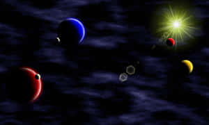 一個色彩繽紛的太空場景，星雲中有行星和明亮的太陽。 — 宇宙 壁紙