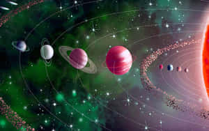 行星在色彩繽紛的繁星點點星雲中圍繞太陽運行。 — 月亮與星星 壁紙