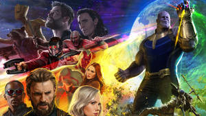 Marvel 超級英雄和反派在宇宙戰鬥場景中，伴隨著一顆發光的行星。 — 漫威復仇者聯盟 壁紙