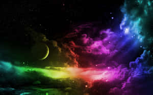 充滿活力的宇宙星雲，帶有星星和一個遙遠的行星。 — 紫色夜空 壁紙