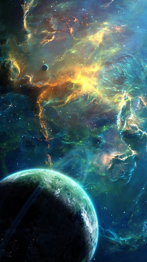 一顆綠色行星繞著一個充滿恆星和宇宙塵埃的彩色星雲運行。 — 花朵 壁紙