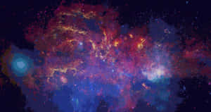 一個色彩繽紛的星雲，星星在黑暗的天空中閃耀著紅色、藍色和金色。 — 宇宙 壁紙