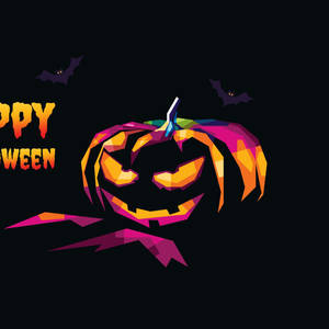 色彩繽紛的幾何南瓜燈，帶有蝙蝠和「Happy Halloween」文字。 — 可愛萬聖節 壁紙