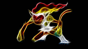 在黑色背景上帶有紅色、黃色和白色能量流的充滿活力的發光碎形生物 — 霓虹 壁紙
