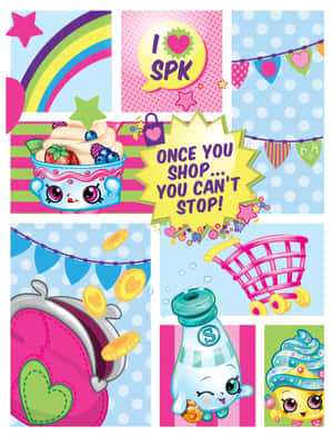 色彩繽紛的Shopkins角色和購物物品，背景為圖案。 — 可愛 壁紙