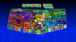 Geometry Dash Family 角色在藍色背景上排列成鍵盤形狀。 — 電玩遊戲 GIF 壁紙