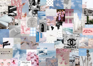 一個色彩繽紛的拼貼畫， featuring Chanel 和 Prada 標誌、粉彩天空、海洋場景和時尚元素。 — 粉嫩粉彩美學 壁紙