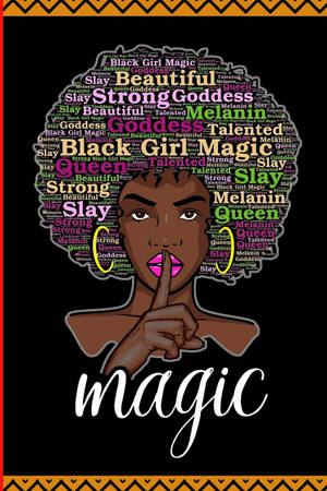 一位黑人女性，其充滿詞語的非洲式髮型做出安靜的手勢，下方有'magic'一詞。