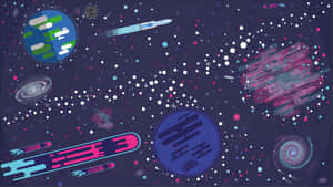 風格化的宇宙場景，有色彩繽紛的行星、星雲和太空船在閃爍的星星之間。 — 月亮與星星 壁紙