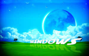 藍天下綠色的山丘，一輪大月亮和 WINDOWS 這個詞。 — 暗黑美學電腦 壁紙