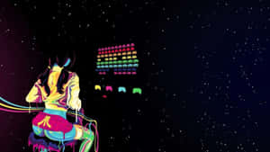 穿著色彩繽紛服裝的女孩在星空太空中與發光的鬼魂玩 Pac-Man。 — 高畫質遊戲 壁紙