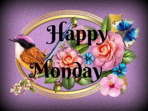 Happy Monday 賀卡，金色框內有鳥蝴蝶和花卉 — 快樂星期一 壁紙