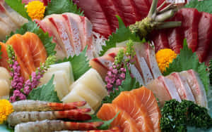 各式生魚片拼盤，配以裝飾和花朵。 — 海鮮 壁紙