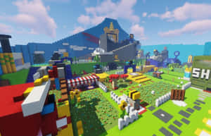 一個色彩繽紛的Minecraft村莊，有房屋、花園和一座山上的城堡，在晴朗的天空下。 — 我的世界 壁紙