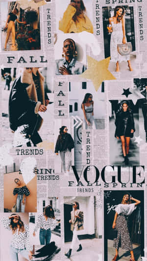 時尚拼貼，模特兒演繹秋季潮流，以報紙背景襯托，並帶有 Vogue 文字。 — 哈利波特 美學 壁紙