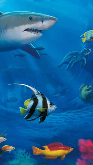 一條鯊魚在珊瑚礁附近游近熱帶魚和一隻海龜。 — 海洋 壁紙