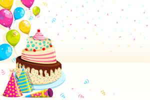 慶祝用的生日蛋糕，附有氣球和五彩紙屑 — 生日快樂蛋糕 壁紙