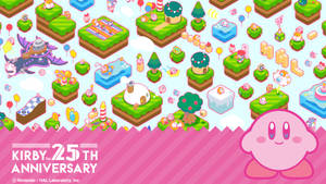 Kirby 25 週年慶祝，有浮島和可愛角色。 — 卡比 壁紙