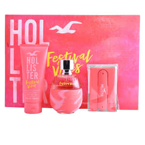 粉紅色包裝的Hollister Festival Vibes香水和身體護理禮品套裝。 — 1:1 壁紙