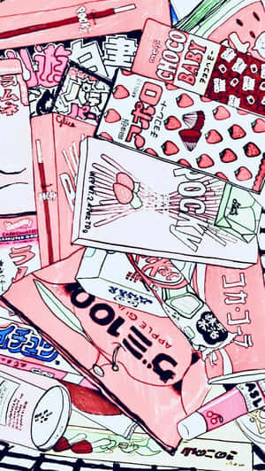 一堆色彩繽紛的日本糖果包裝插圖，帶有粉紅色和紅色色調。 — Pink Kawaii 壁紙