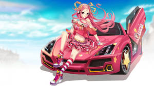 身穿粉紅色服裝的動漫女孩在打開車門的粉紅色跑車上擺姿勢。 — 動漫汽車 壁紙