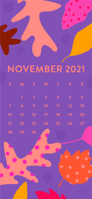 2021年11月日曆，紫色背景上有色彩繽紛的秋葉。 — iPhone 18 Pro 壁紙