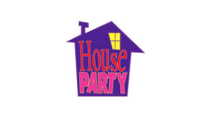 紫色房屋標誌，帶有「House Party」文字和發光窗戶。 — 乾淨 壁紙
