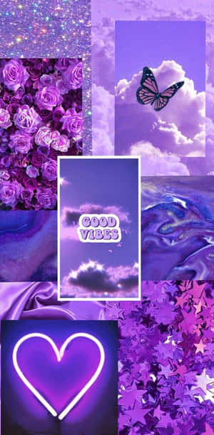 紫色主題拼貼畫，包含玫瑰、蝴蝶、閃粉、心形和「good vibes」文字。 — 暗紫色美學 壁紙