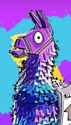 在明亮背景上帶有彩色油漆飛濺的紫色Fortnite羊駝皮納塔。 — 酷炫遊戲 壁紙